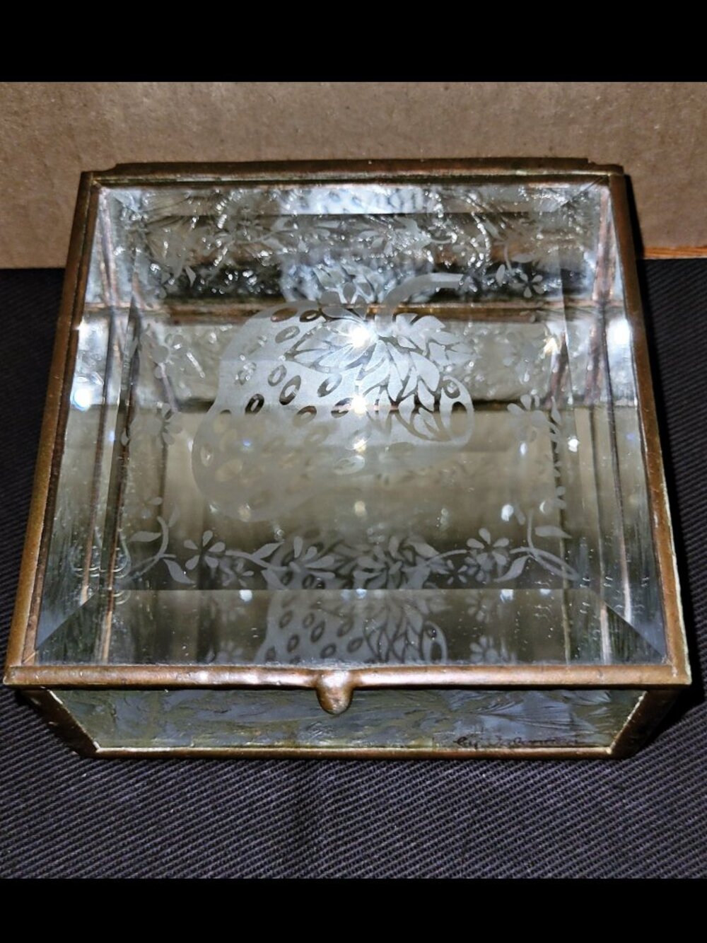 Vintage 1970s Signed Valentien Leaded Brass Etched Glass Strawberry Box Mirror